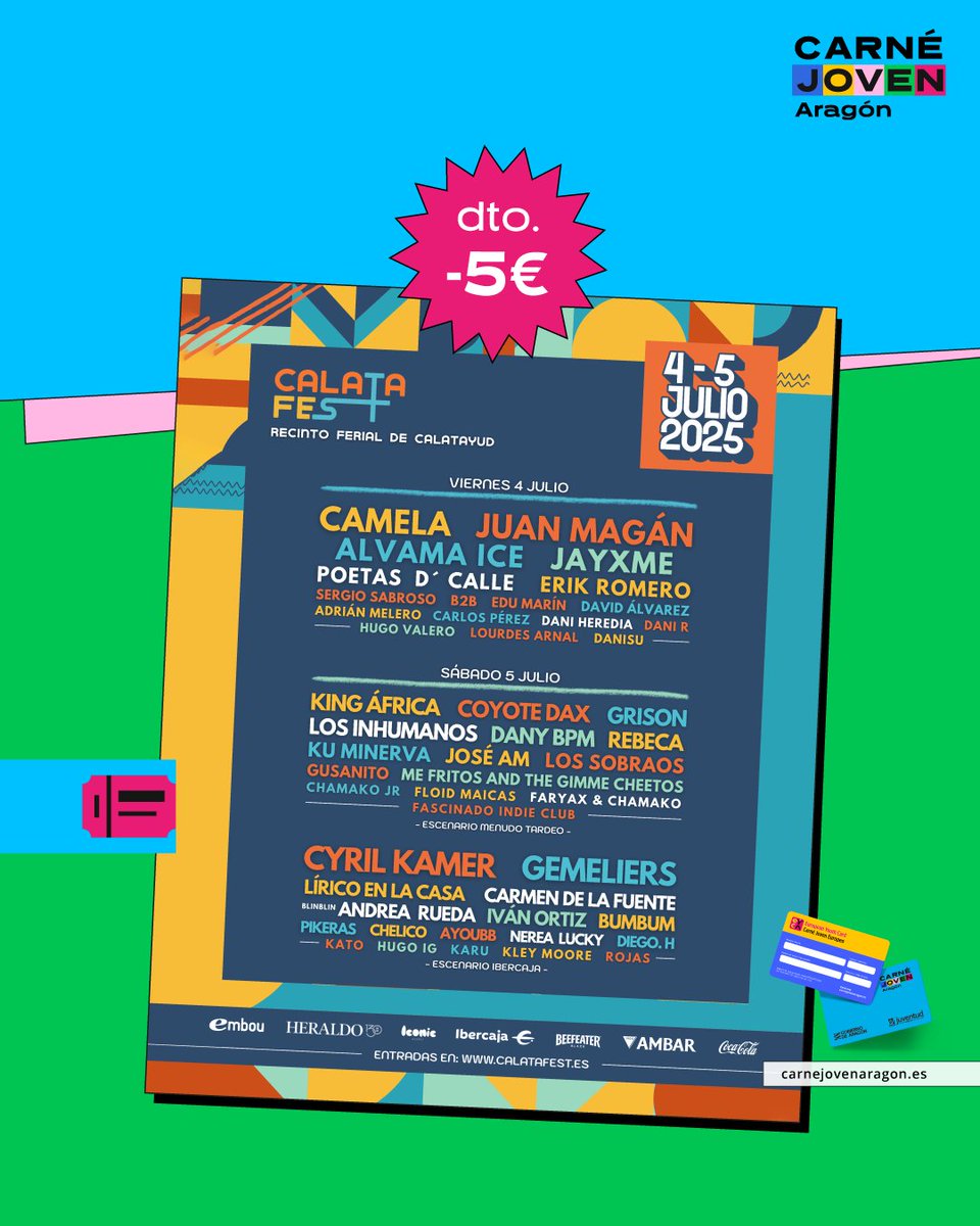¡Calatafest 2025 ya está aquí y tienes descuento con tu #CarnéJoven! 🎶 Los días 4 y 5 de julio, Calatayud vuelve a vibrar un año más🔥

💳 Si tienes Carné Joven, consigue 5 € de descuento en el abono de 2 días en nuestra web carnejovenaragon.es

#Calatafest2025 #CarnéJoven