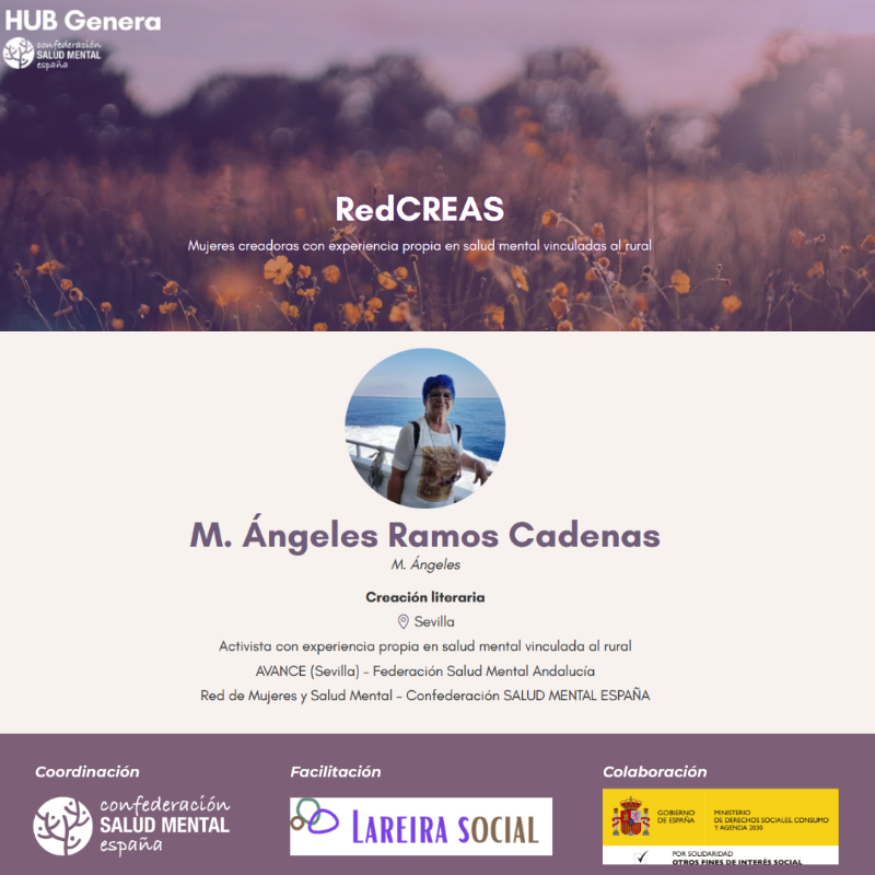 consaludmental's tweet photo. 💜 M. Ángeles Ramos, activista con experiencia propia en #SaludMental de la asociación Avance y @SaludMentalAnd, llega a la #RedCreas de #proyectoHUB.

🤳🏾 Su primer relato está dedicado a su madre. Escucha y lee a nuestra compañera aquí 👉🏾 https://t.co/9w0Sg2UNBv
