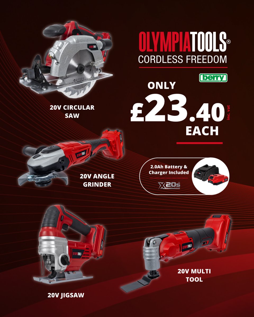 Olympia X20S Cordless Tools - £23.40 each (inc. VAT)
Each includes a 2Ah Battery &amp; Charger:

✅ Circular Saw (B5200618)
✅ Angle Grinder (B5200611)
✅ Jigsaw (B5200609)
✅ Multi Tool (B5200612)

🛒 Shop in-store or online at cwberry.com (search the B code).