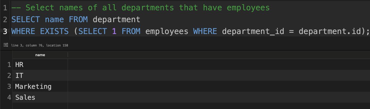 garyclarketech's tweet image. WHERE EXISTS is used in SQL to check for the existence of rows in a subquery.

I use it here to retrieve the names of departments only if they have employees 😎

Learn more here:
garyclarke.tech/p/mysql-for-ph…

#php #mysql