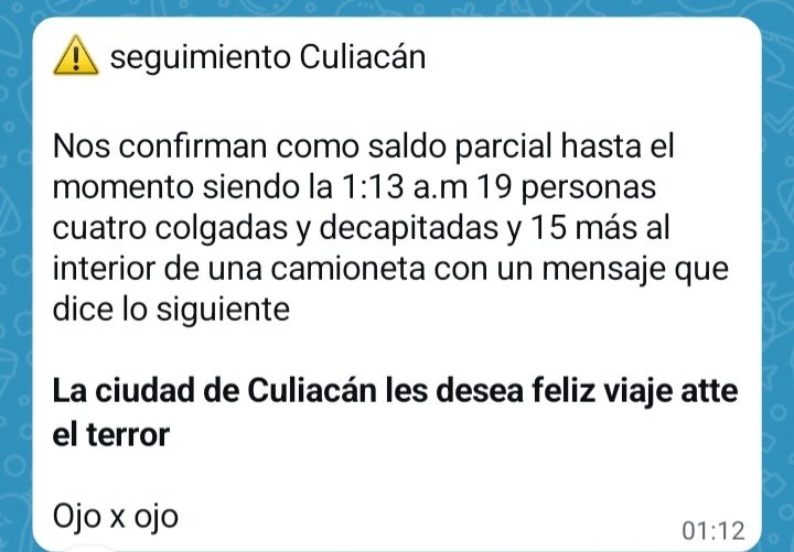 Claudia69892437's tweet photo. Horror 

Estan por cumplirse 10 meses de violencia imparable

Fracaso total la estrategia de seguridad 

#Culiacán #Sinaloa
#NarcoGobiernoMorena
#NarcoTerrorismo https://t.co/7vOX1IQhDb