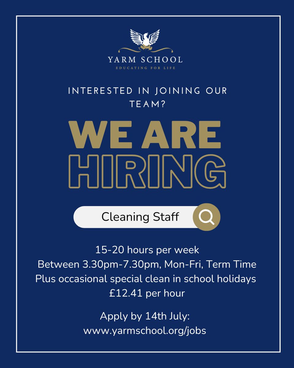⭐Join our Senior School Cleaning Team!⭐

We are seeking a experienced cleaner who will contribute as part of a team.
Don't miss out on this opportunity to become part of our vibrant community.
 
Find out more and apply now:  yarmschool.org/jobs

#YarmJobs #JoinOurTeam