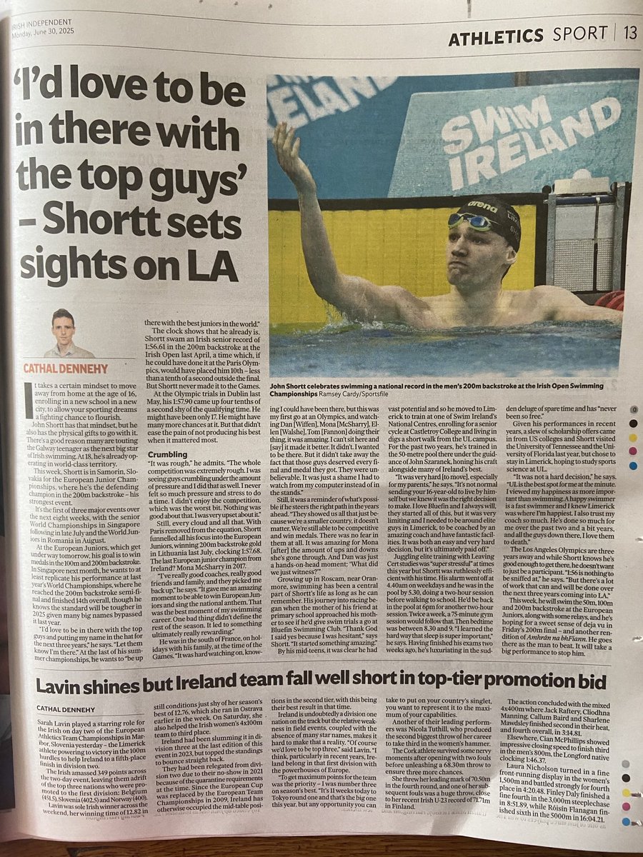 Lovely piece by ⁦<a href="/Cathal_Dennehy/">Cathal Dennehy</a>⁩ in todays ⁦<a href="/Independent_ie/">Irish Independent</a>⁩ on ⁦<a href="/CastletroyC/">Castletroy College</a>⁩ student and top swimmer, John Shortt