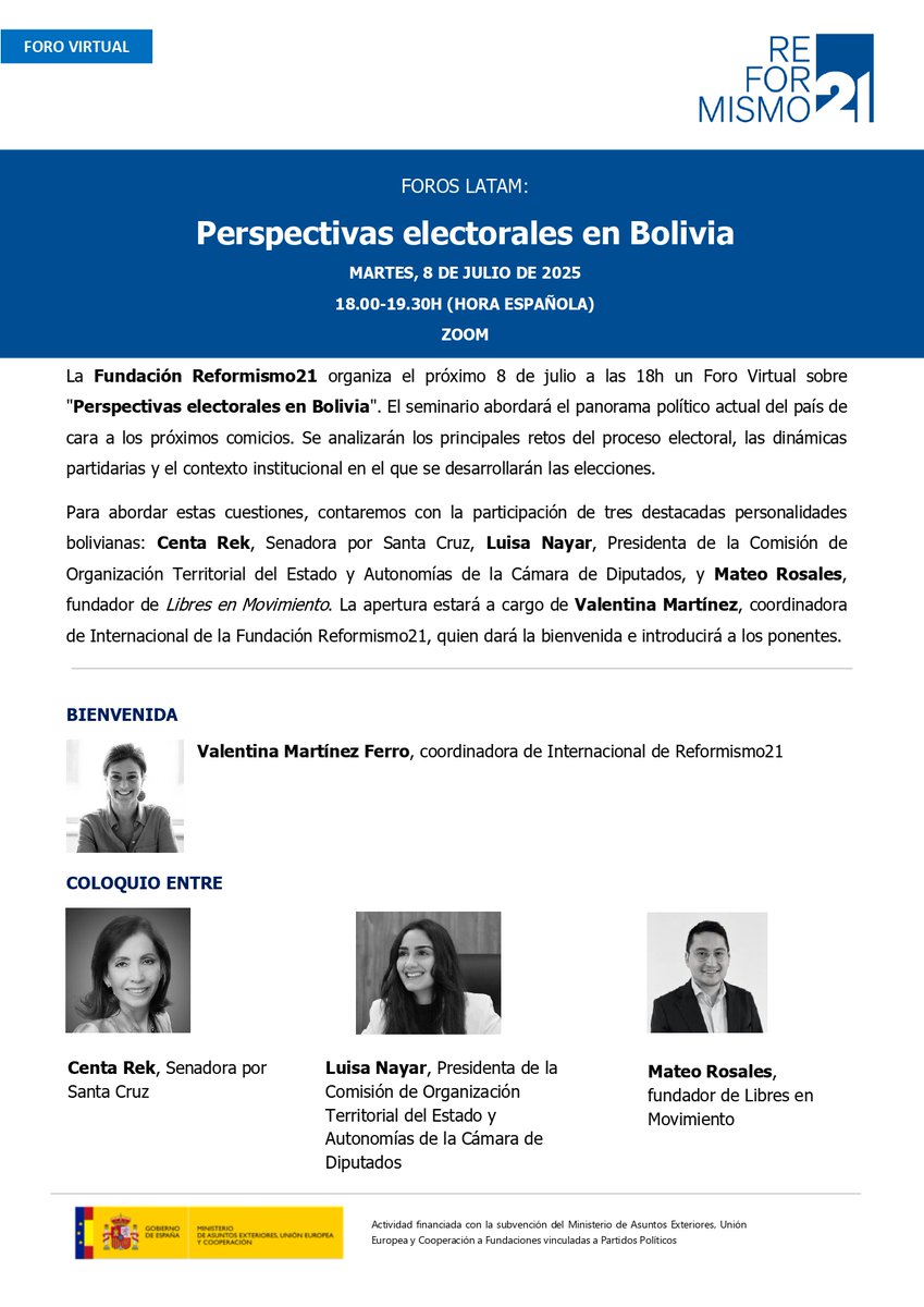 Reformismo21's tweet image. 🇧🇴Con Bolivia rumbo a las urnas, arranca una nueva edición de #ForosLATAM para entender qué está en juego en estas elecciones.  

👉Con @rcenta, @luisanayars y @MateoRosalesL . Modera Valentina Martinez-Ferro.   

🖇️Link de inscripción: us06web.zoom.us/webinar/regist…