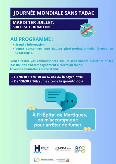 À l’occasion de la Journée Mondiale Sans Tabac, l’équipe d’addictologie tiendra un stand d’information et de sensibilisation
📅 01/07, 9h30-12h30 sur le site de la psychiatrie et
13h30-16h sur le site de la gérontologie. Cette journée vise à informer, sensibiliser et accompagner
