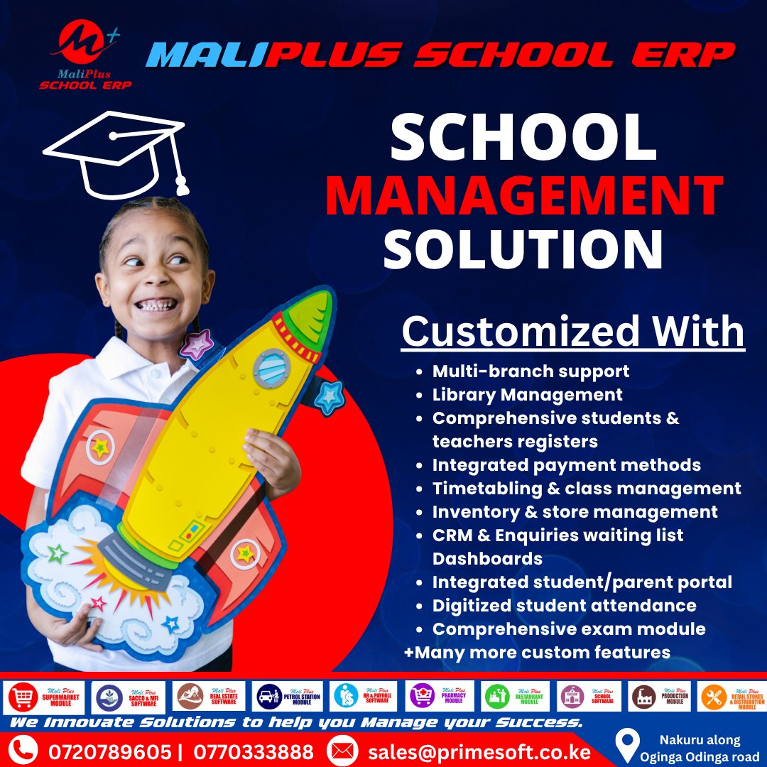 MaliPlusERP's tweet image. Simplify school operations with MaliPlus School ERP.
Manage students, payments, classes, inventory, and more from one platform. Built by Primesoft Solutions for modern institutions.
#PrimesoftSolutions #MaliPlusERP #EdTech #KenyaSchools #SchoolManagement