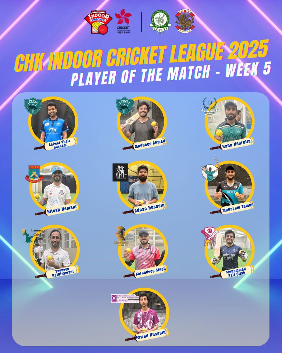 Let’s review and applaud the Player of the Match from Week 5 of the CHK Indoor League 2025! 👏

🔥Keep an eye on our social media accounts for more updates and information.

#HKcricket #cricket #CHKIndoorLeague2025 #CHKLeague