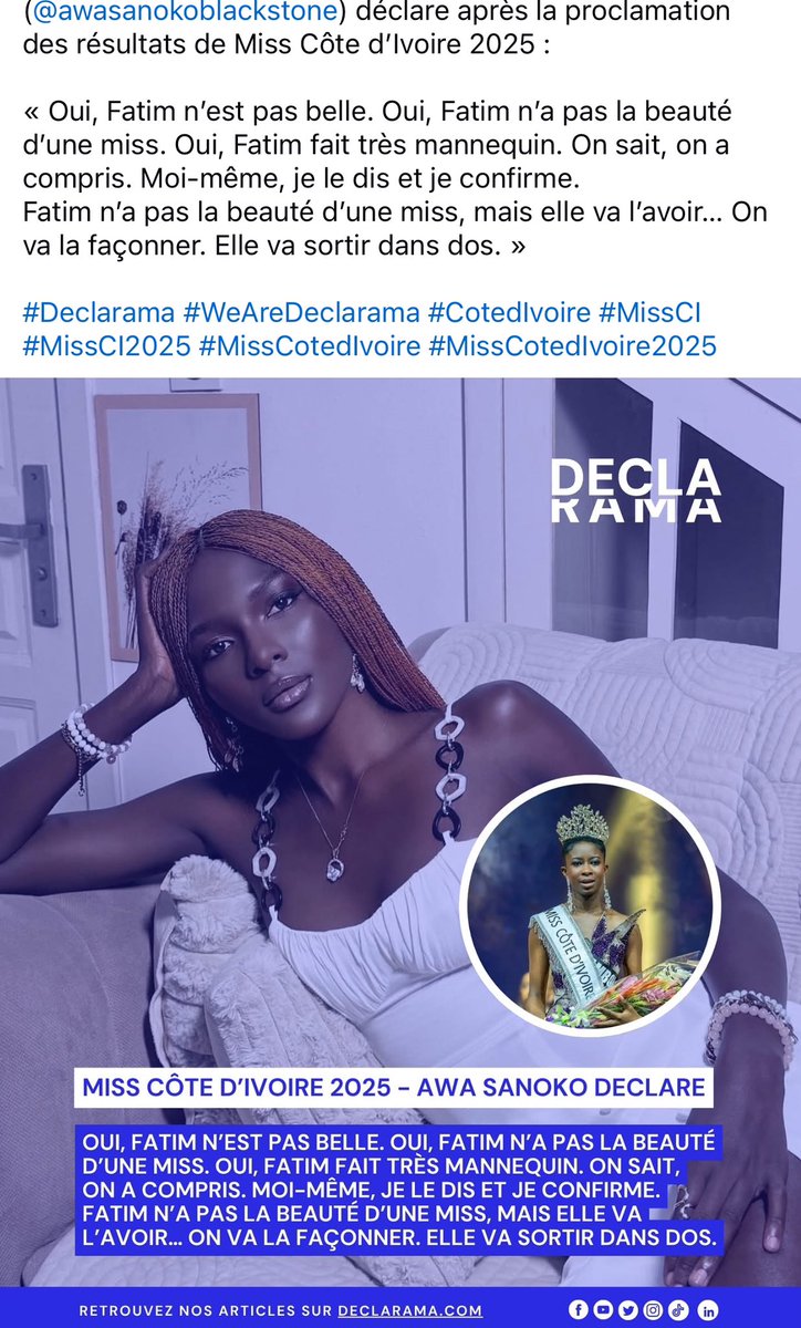 ✨ Réflexion du jour…

Comment peut-on, en plein jour et avec autant d’assurance, faire des déclarations aussi désastreuses ? « Fatim n’a pas la beauté d’une Miss » Ça veut dire quoi au juste ?

Elle a les cheveux courts naturels, un beau teint, une beauté naturelle avec un