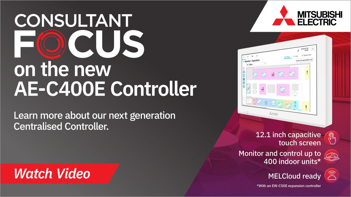 The AE-C400E is an advanced, user-friendly touchscreen centralised controller designed for efficient and intuitive HVAC management across Mitsubishi Electric HVAC systems. Watch Video: ow.ly/aEpK50WbAaP #MitsubishiElectric #ConsultantFocus #Consultants #AE-C400E #Controls
