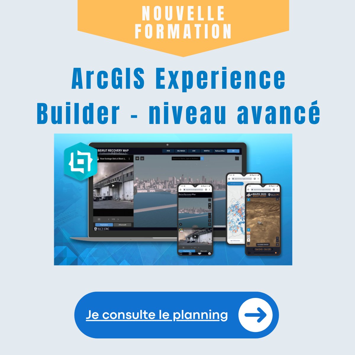 Nouvelle formation en septembre : ArcGIS Experience Builder – niveau avancé
2 jours pour aller plus loin dans la création d’applications web avec ArcGIS Experience Builder :
✅ Applications multi-pages
✅ Contenus 2D et 3D
✅ Optimisation de l’expérience utilisateur

Ce niveau