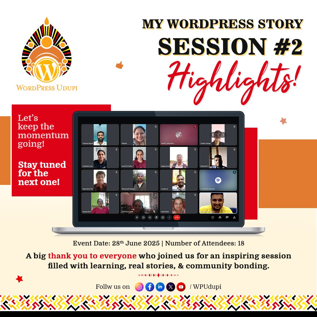 What an inspiring Session #2! 🚀
18 amazing community members came together last Saturday (June 28, 2025) for an engaging WordPress Udupi meetup filled with learning, real stories, and community bonding.

#WPUdupi #WordPress #Manipal #Mangalore #Udupi