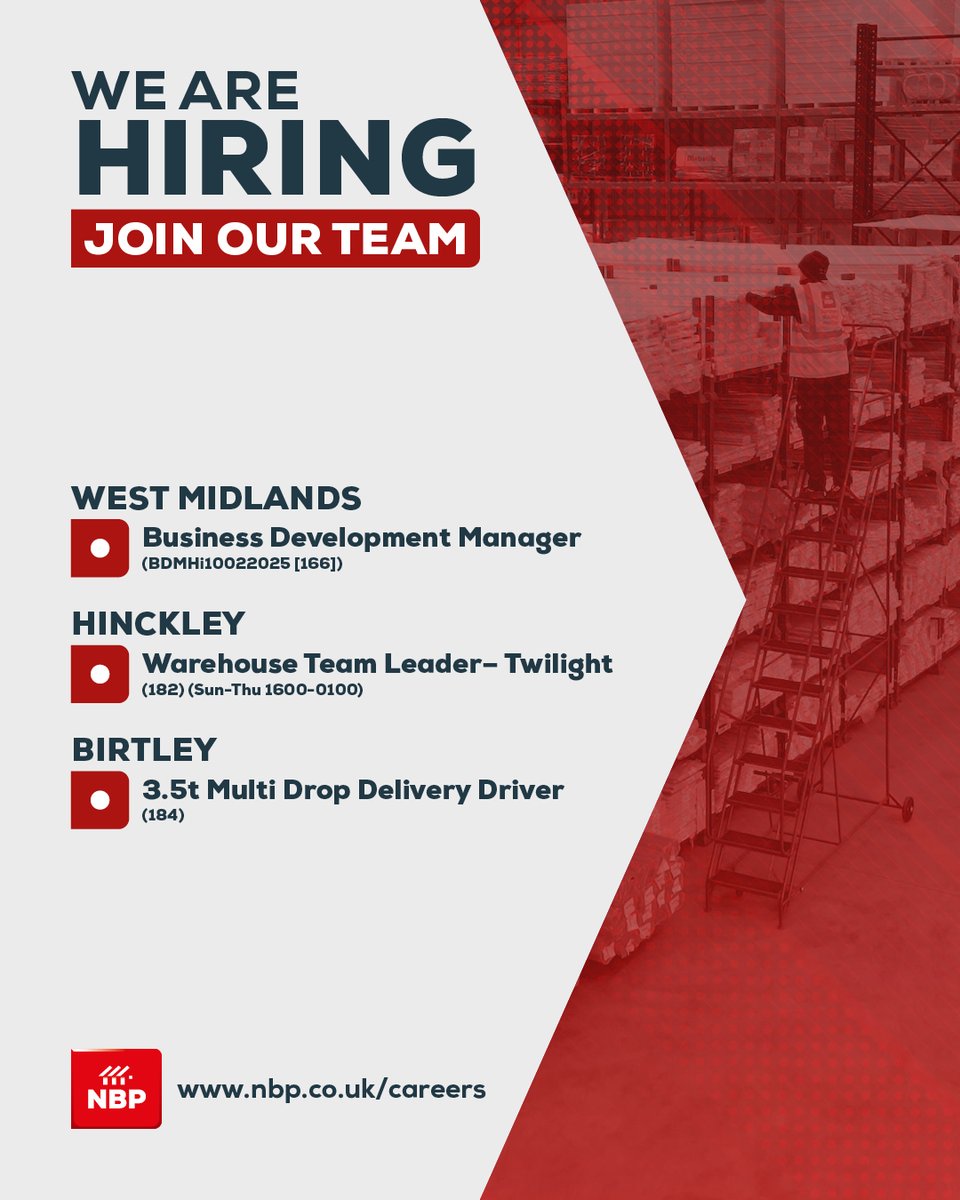 Northern Building Plastics (@nbpltd) on Twitter photo π¨ We are hiring! π¨
Looking for a new challenge? Check out the latest job opportunities at NBP!
π Apply now: loom.ly/5qd0gt8
π§ Email: cv@nbp.co.uk π¨ We are hiring! π¨
Looking for a new challenge? Check out the latest job opportunities at NBP!
π Apply now: loom.ly/5qd0gt8
π§ Email: cv@nbp.co.uk