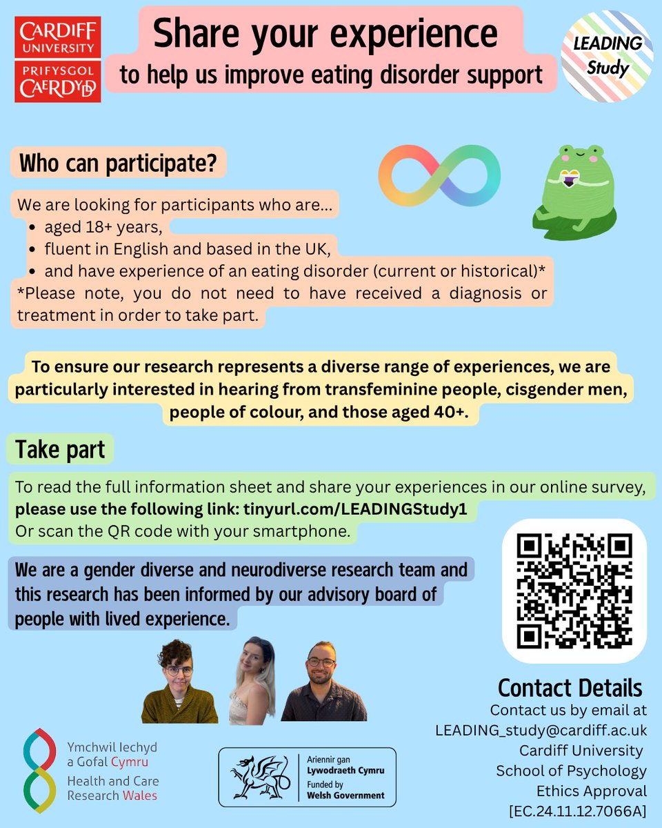 Kai Thomas (@drkaithomas95) on Twitter photo 📢We're excited to launch the second phase of recruitment for our <a href="/Leading_Study/">LEADING Study</a> project! We're inviting cisgender adults with a current or past eating disorder to share their experiences with us. For more info:
🔗tinyurl.com/LEADINGStudy1
✉️ LEADING_Study@cardiff.ac.uk 📢We're excited to launch the second phase of recruitment for our <a href="/Leading_Study/">LEADING Study</a> project! We're inviting cisgender adults with a current or past eating disorder to share their experiences with us. For more info:
🔗tinyurl.com/LEADINGStudy1
✉️ LEADING_Study@cardiff.ac.uk