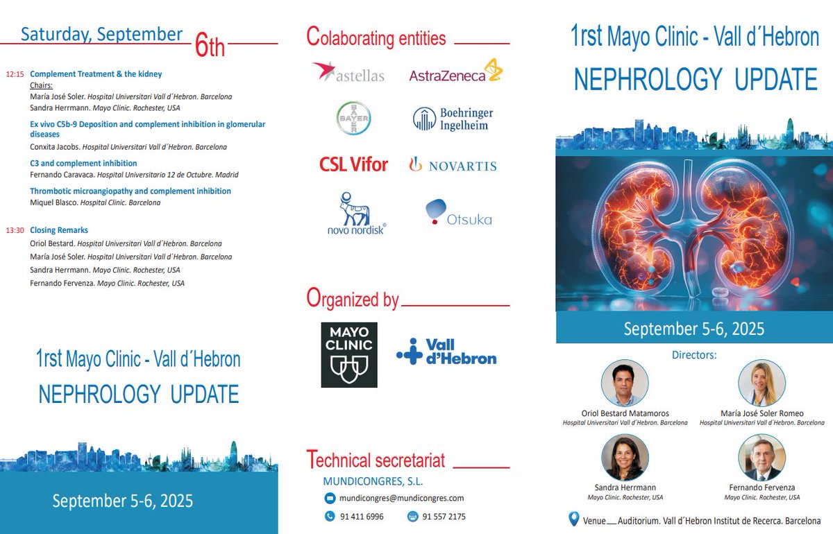 nefrocat's tweet image. 📢 1st Mayo Clinic - Vall d’Hebron Nephrology Update
🗓️ 5-6 setembre
📍 @vallhebron
🩺150 nefròlegs debatran les últimes novetats en diagnòstic i tractament renal.
📝Inscripcions: linke.to/MayoClinicVall…
#MayoClinicVallHebron