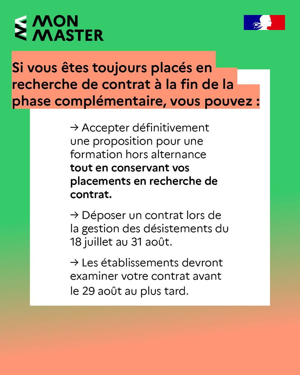 📢Que faire si je ne trouve pas d'entreprise pour mon alternance pendant la phase complémentaire #MonMaster ?

Des questions ? RDV sur notre FAQ👉information.monmaster.gouv.fr/faq/la-phase-c…

🔴Ou contactez notre numéro vert 0800 002 001, ouvert du lundi au vendredi, de 10h à 12h30 &amp; de 13h30 à 17h.