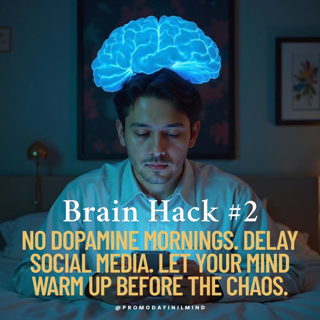 ProModafinilM's tweet image. Brain hack #2: No dopamine mornings. Delay social media. Let your mind warm up before the chaos.

promodafinilmind.to

#modafinil #brainhack #productivityhack #mentalclarity #promodafinilmind #brainfog #productivity