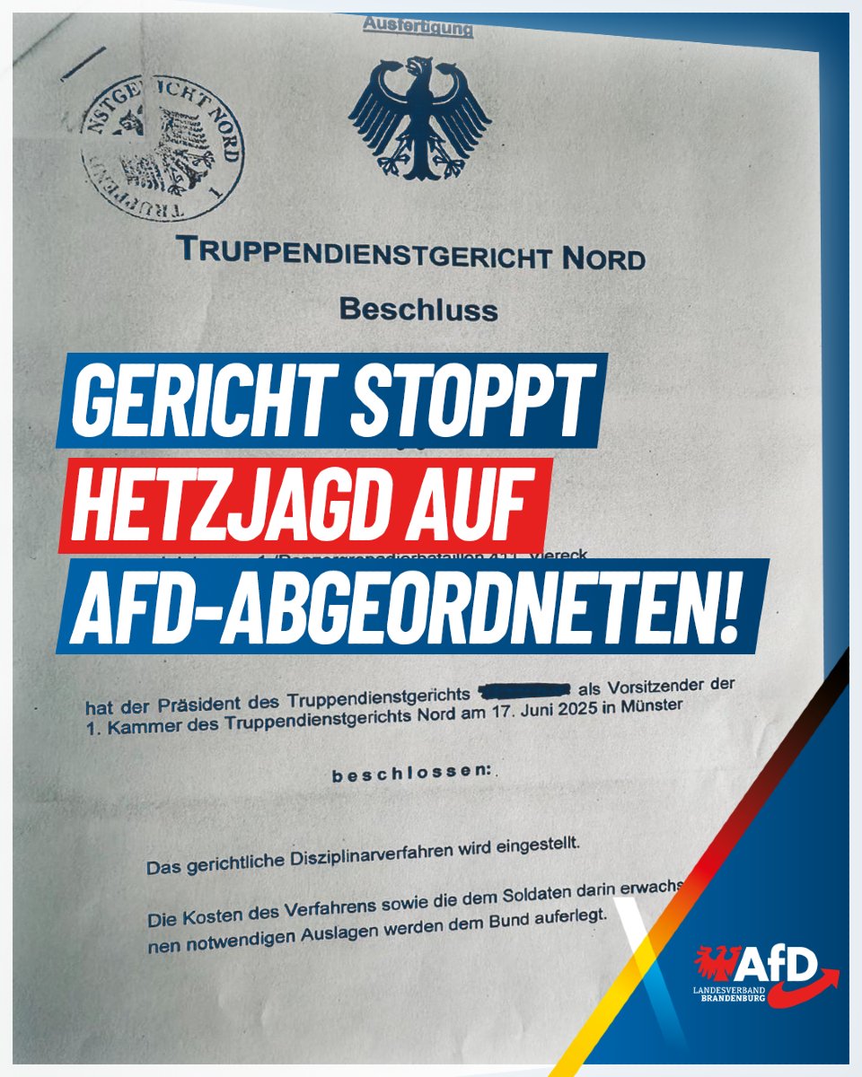 🔹 Gericht stoppt Hetzjagd auf AfD-Abgeordneten! 🔹

Fünf Jahre lang wurde unser Bundestagsabgeordneter Hannes Gnauck vom Militärischen Abschirmdienst verfolgt – wegen seines Engagements für die AfD und die Junge Alternative.

➡️ Jetzt ist es amtlich: Kein Strafverfahren, keine