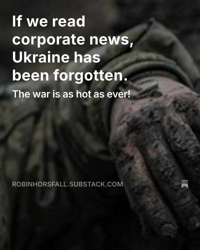 If we read corporate news, Ukraine has been forgotten. 
The ’predicted’ Russian summer offensive has turned into desperate suicide charges by untrained, unfed, desperate men who run into Ukrainian artillery ...
open.substack.com/pub/robinhorsf…