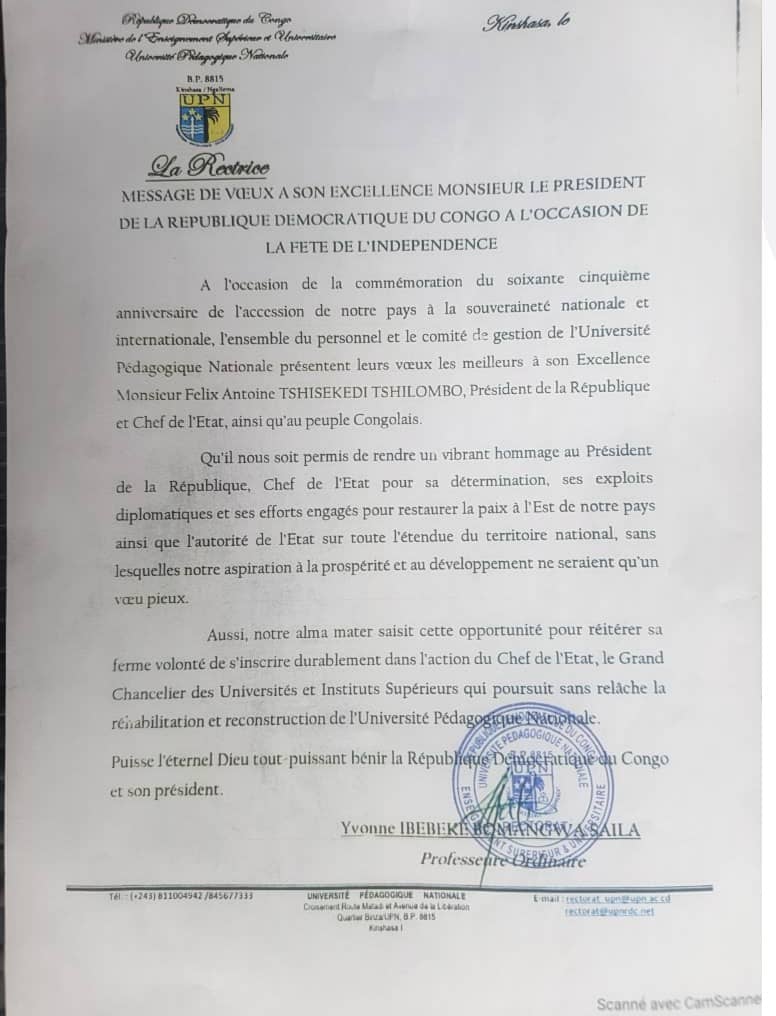 UNIVERSITE PEDAGOGIQUE NATIONALE (@upn_rdc) on Twitter photo À l’occasion du 65e anniversaire de l’indépendance, la Rectrice de l’UPN, Prof. Yvonne IBEBEKE BOMANGWA SAILA, adresse ses vœux au Président <a href="/fatshi13/">Félix A. Tshisekedi</a> et au peuple congolais. Hommage au Chef de l’État pour son engagement en faveur de la paix et de l’enseignement supérieur. À l’occasion du 65e anniversaire de l’indépendance, la Rectrice de l’UPN, Prof. Yvonne IBEBEKE BOMANGWA SAILA, adresse ses vœux au Président <a href="/fatshi13/">Félix A. Tshisekedi</a> et au peuple congolais. Hommage au Chef de l’État pour son engagement en faveur de la paix et de l’enseignement supérieur.