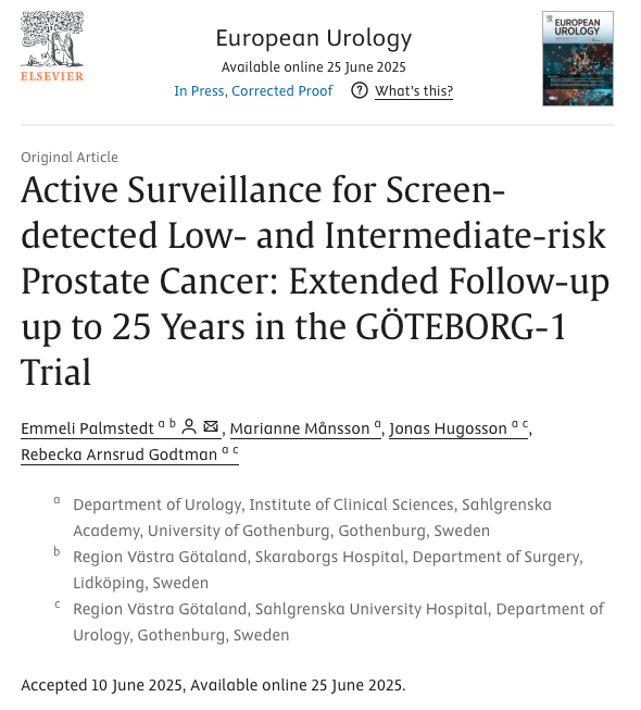 Active Surveillance for Screen-detected Low- and Intermediate-risk Prostate Cancer: Extended Follow-up up to 25 Years in the GÖTEBORG-1 Trial

sciencedirect.com/science/articl…

This long-term follow-up study from the GÖTEBORG-1 screening trial evaluated outcomes in 488 men with
