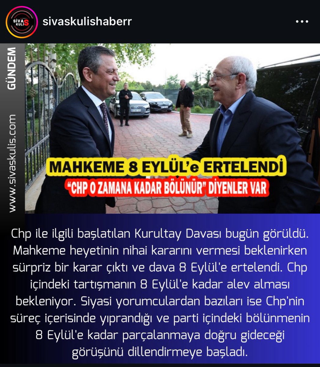 SivasKulisHaber (@sivaskulis) on Twitter photo #SonDakika
Mahkeme Davayı 8 Eylül'e Erteledi "Chp O Zamana Kadar Bölünür" Diyenler Var.
sivaskulis.com/mahkeme-davayi…
#CHP #KemalKılıçdaroğlu #ÖzgürÖzel #KurultayDavasi #MutlakButlan #Ankara #GenelBaşkanlıkKrizi #MahkemeKararı @chp <a href="/eczozgurozel/">Özgür Özel</a> <a href="/kilicdaroglu/">Kemal Kılıçdaroğlu</a> #SonDakika
Mahkeme Davayı 8 Eylül'e Erteledi "Chp O Zamana Kadar Bölünür" Diyenler Var.
sivaskulis.com/mahkeme-davayi…
#CHP #KemalKılıçdaroğlu #ÖzgürÖzel #KurultayDavasi #MutlakButlan #Ankara #GenelBaşkanlıkKrizi #MahkemeKararı @chp <a href="/eczozgurozel/">Özgür Özel</a> <a href="/kilicdaroglu/">Kemal Kılıçdaroğlu</a>