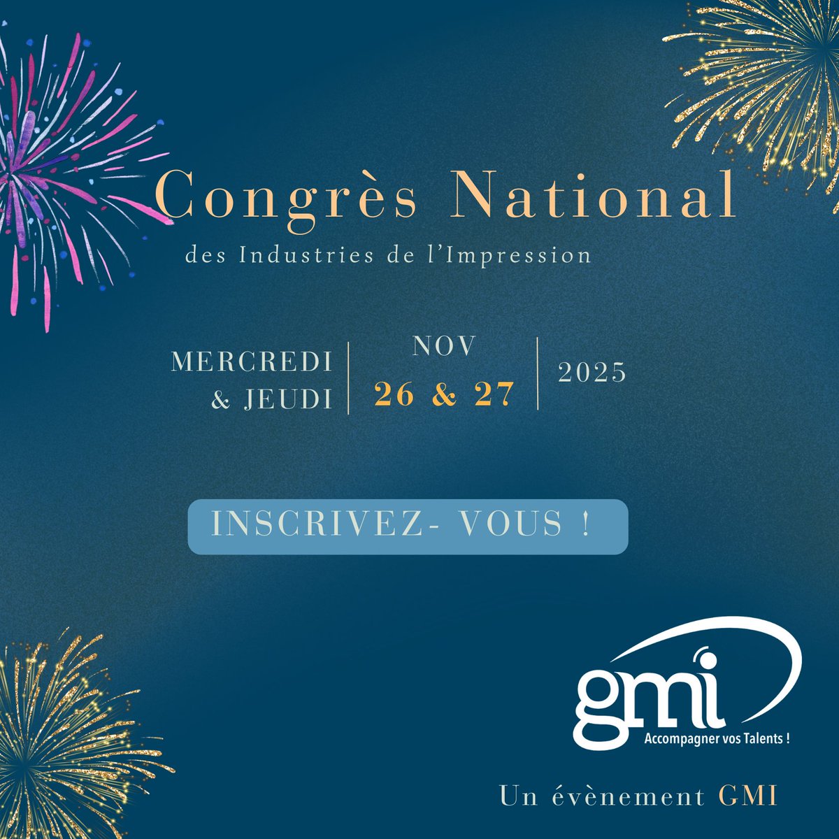 📅 SAVE THE DATE – 26 &amp; 27 nov. 2025

Le #CongrèsGMI revient à Paris 🎉
🎩 Gala prestigieux
💡 Séminaire visionnaire
🤝 Réseau, insights &amp; plan d'action pour 2026
👉 Pros de l’impression, bloquez vos dates !
🔗docs.google.com/forms/d/e/1FAI… 
#impression #print #événement