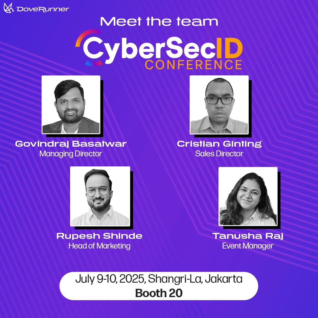 The countdown to CyberSecID 2025 has begun
📍 Meet Team DoveRunner at Booth 20 – Shangri-La, Jakarta
📅 Schedule your meeting today: 👉 lnkd.in/dt6vG7Pa
#CyberSecID2025 #DoveRunner #MobileAppSecurity #RASP #CybersecurityEvents #JakartaTech #MeetTheTeam #AppProtection