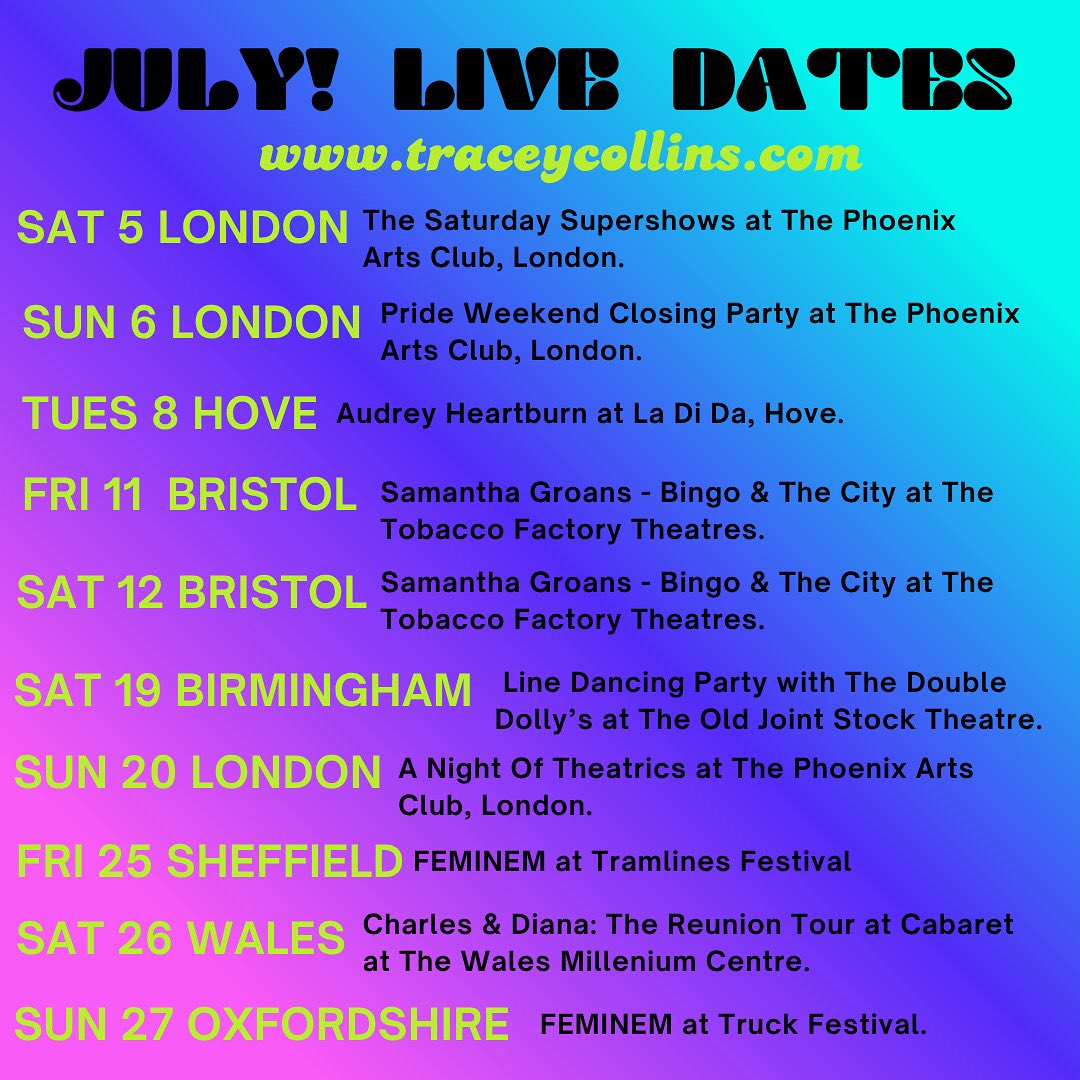 Tracey Collins (@traceycollinsss) on Twitter photo JULY dates are here 💜 Let’s have some FUN!
<a href="/phoenixartsclub/">Phoenix Arts Club</a>
@ladidasociety
@tobaccofactorytheatre
@oldjointstock
<a href="/tramlines/">Tramlines Festival</a>
@cabaret_caerdydd
@truckfestival
#july #summershows #comedy #cabaret JULY dates are here 💜 Let’s have some FUN!
<a href="/phoenixartsclub/">Phoenix Arts Club</a>
@ladidasociety
@tobaccofactorytheatre
@oldjointstock
<a href="/tramlines/">Tramlines Festival</a>
@cabaret_caerdydd
@truckfestival
#july #summershows #comedy #cabaret