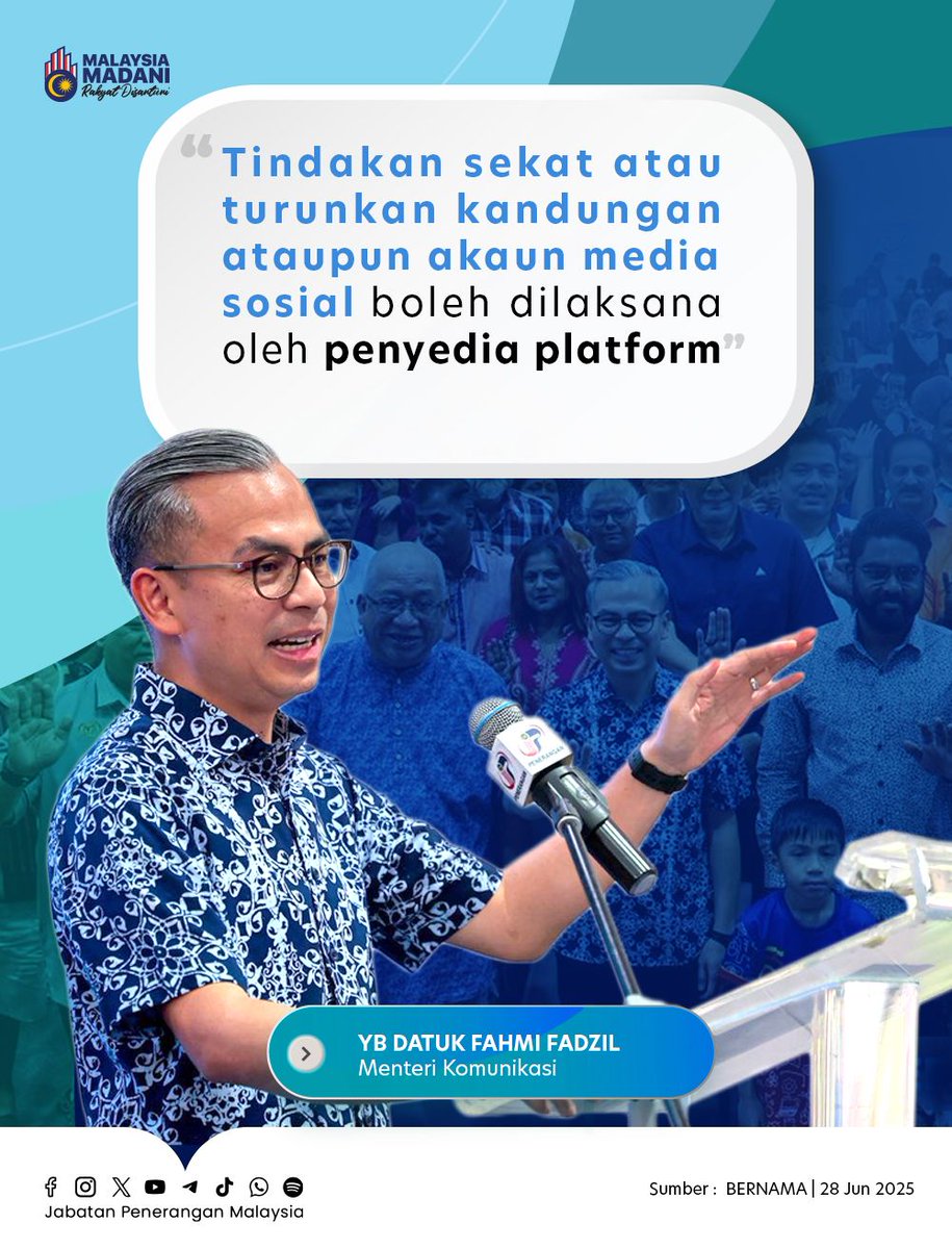 JPenerangan's tweet image. 🔹 Kerajaan tiada kuasa untuk mengarahkan penyedia platform media sosial untuk mengambil sebarang tindakan kerana ia hanya dilakukan sekiranya kandungan atau akaun itu telah melanggar undang-undang. -