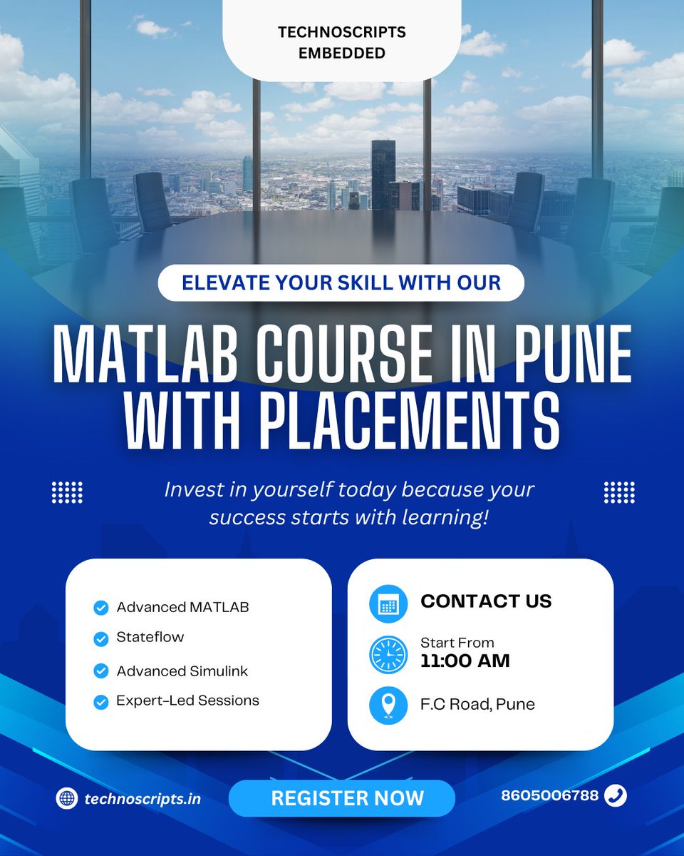 TechnoScript's tweet image. MATLAB Course in Pune new batches starting soon, Get 100% Placement Assistance and Training program inclusive of all features. 

Enroll Now and book your slot in the latest batch.