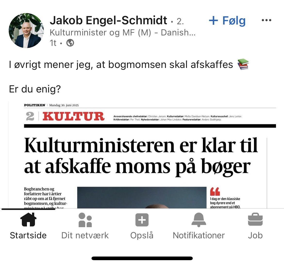 I et opslag på LinkedIn deler kulturministeren en side fra dagens Politiken, hvor han udtaler sig.

Artiklen er låst, men kan læses kvit og frit i opslaget.

Jeg ser det faktisk rigtig ofte, at screenshots af hele artikler deles, men det er vel et brud på ophavsretsloven. #dkpol