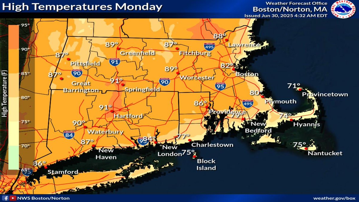 Yesterday kicked off the warm-up, and it continues today! Highs in the 80s for most of southern New England, with some low 90s in the Connecticut River Valley. Cooler near the eastern MA coast thanks to a sea breeze #MAwx #CTwx #RIwx