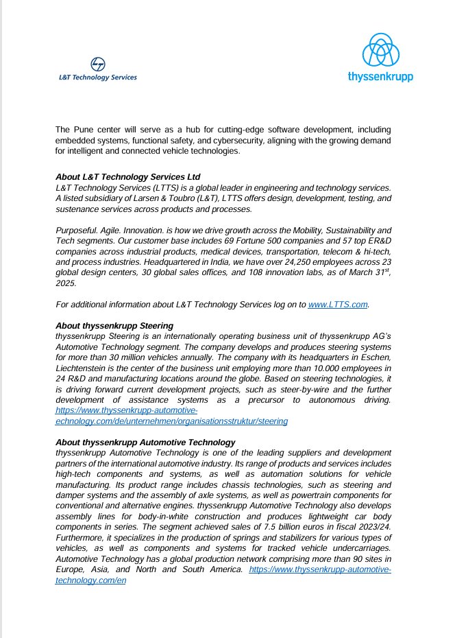 marketsday's tweet image. L&amp;amp;T Technology Services (#LTTS) and #thyssenkrupp Steering have announced a strategic partnership to establish a software development center in Pune, India. This collaboration aims to create modern automotive software solutions, marking a significant milestone for both companies.…