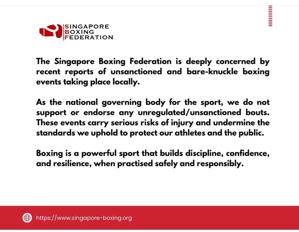 boxing_amateur's tweet image. The Singapore Boxing Federation is alarmed by the rise of unsanctioned events in Singapore. We do not support or endorse these unsafe activities. They pose serious risks of injury and go against the value of our sport.

Boxing can change lives - only when done right. #boxsafe