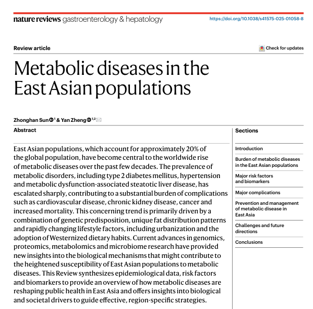 scottisaacsmd's tweet image. Metabolic disease rates are increasing in East Asia. A new review in @NatRevGastroHep shows the rise is driven by rapid lifestyle shifts and the adoption of Westernized diets, combined with genetics. East Asian populations are especially susceptible at lower BMIs.…