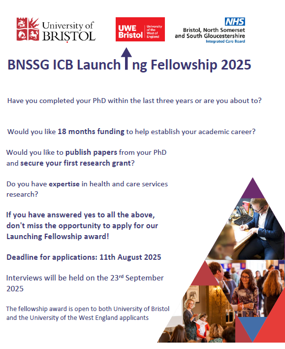 <a href="/BNSSG_ICB/">NHS Bristol, N Somerset & S Gloucestershire ICB</a> Launching Fellowship Award 2025 is now open to applicants. 🎉

🗓️ Closing 11th August 2025
🔷 If you would like ~18 months funding to support your post-PhD career, apply directly here: bnssg.icb.nhs.uk/research-and-e…
Email bnssg.research@nhs.net with any questions.