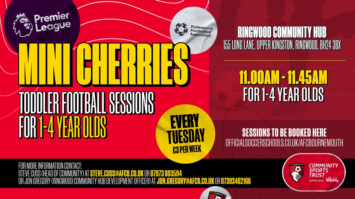 AFCB Community (@afcbcommunity) on Twitter photo Toddler Football sessions continue tomorrow morning at <a href="/RingwoodHub/">Ringwood Community Hub</a>
Limited spaces remaining, book here 👉 shorturl.at/iLZ7j Toddler Football sessions continue tomorrow morning at <a href="/RingwoodHub/">Ringwood Community Hub</a>
Limited spaces remaining, book here 👉 shorturl.at/iLZ7j