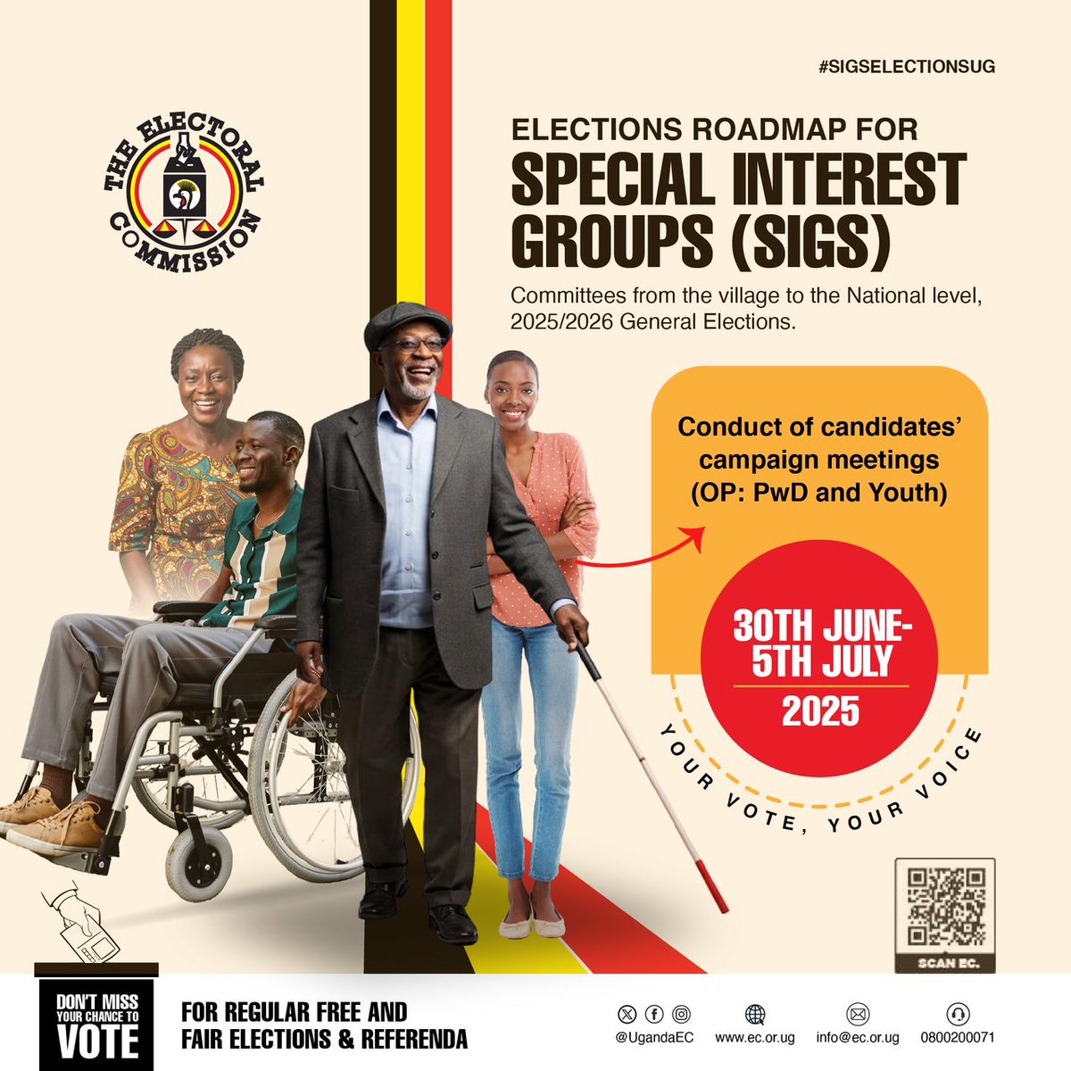 UBC UGANDA (@ubctvuganda) on Twitter photo AD: Persons With Disabilities and Youth campaign meetings are happening from 30th June to 5th July.
Your participation matters. Choose your leader wisely!
<a href="/UgandaEC/">The Electoral Commission - Uganda</a>
#SIGsElectionsUG #YourVoteYourVoice #ECRoadmap2026 AD: Persons With Disabilities and Youth campaign meetings are happening from 30th June to 5th July.
Your participation matters. Choose your leader wisely!
<a href="/UgandaEC/">The Electoral Commission - Uganda</a>
#SIGsElectionsUG #YourVoteYourVoice #ECRoadmap2026