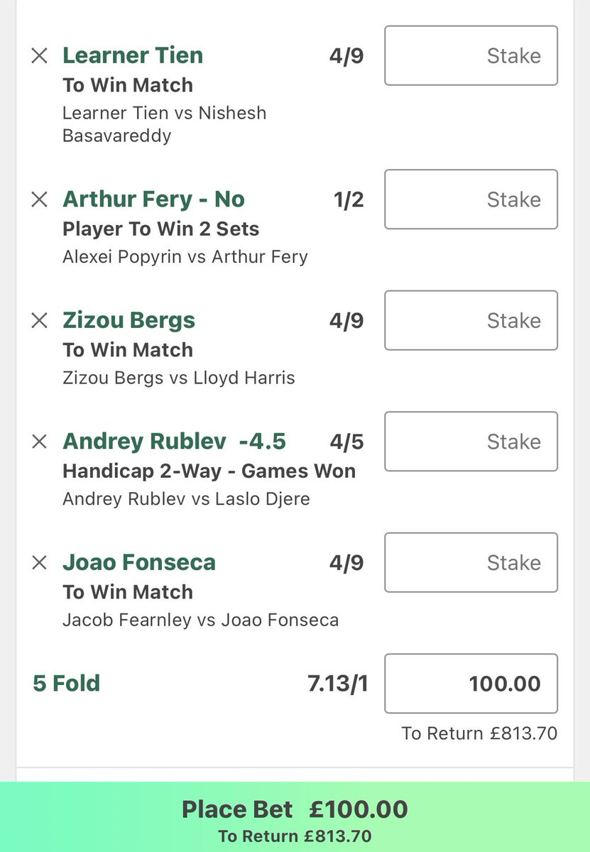 🚨Wimbledon day 1 bet!🚨

Odds standing @ 8.13x (£100➡️£813.70)🤑

Like&amp;follow❤️➕for more <a href="/ClarkeTips1/">ClarkeTips🦈</a>