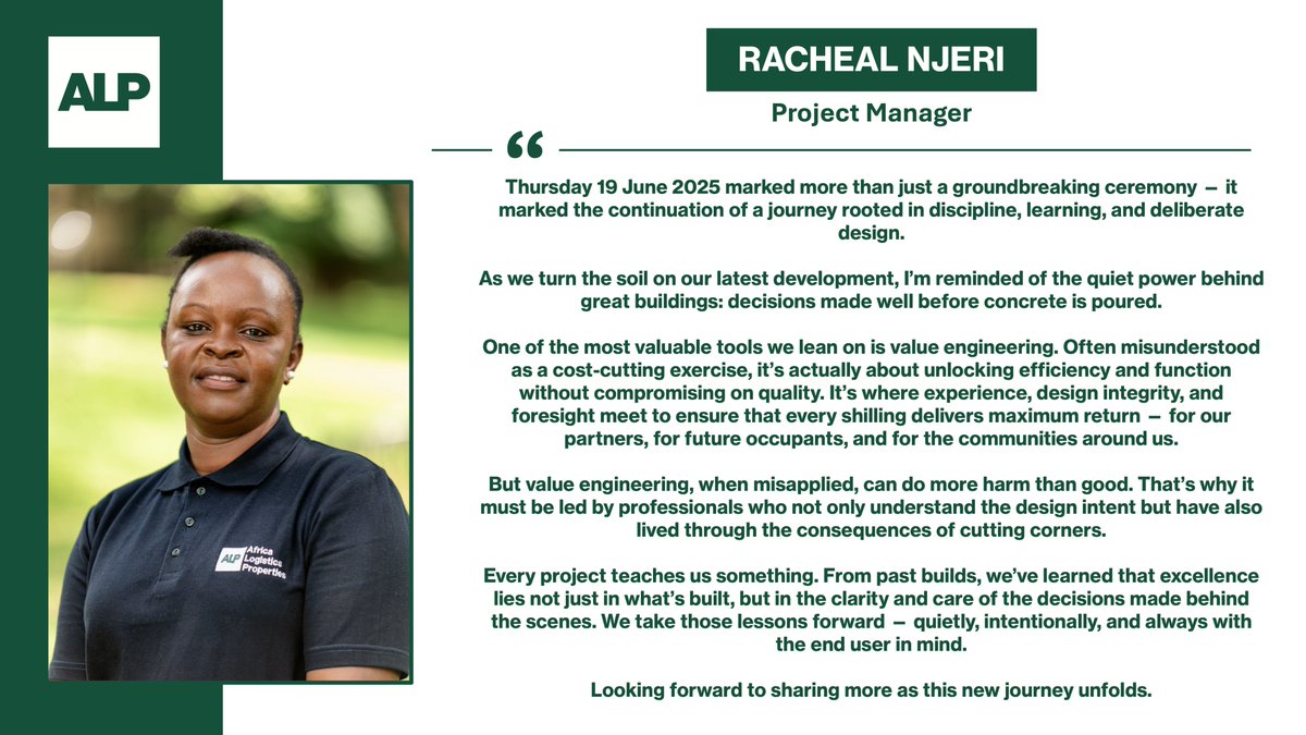 On 19th June, we broke ground on our latest development. As Racheal reminds us, the real work begins long before construction - with value engineering and lessons learned shaping ALP’s thoughtful approach to design and delivery. 
#ValueEngineering #BuildingTheFuture #Logistics