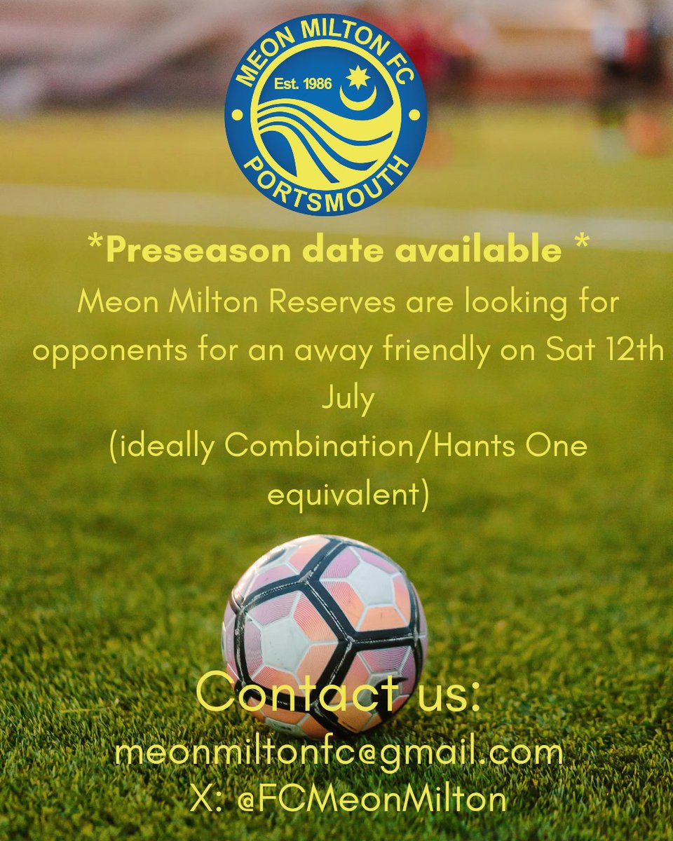 Please share if possible 🤞 *Still looking for Preseason games* 
Our firsts can host on Sat 19th July and our ressie's are looking for an away fixture on Sat 12th July.  If you can help, please get in touch. Thanks 💛💙 #hampshireleague #portsmouthfootball #preseason