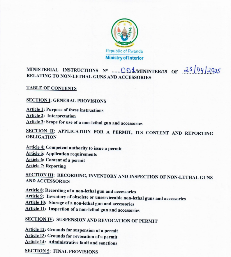 The Ministerial Instructions on non-lethal guns and related accessories are now available. Read them here: mininter.gov.rw/index.php?eID=…