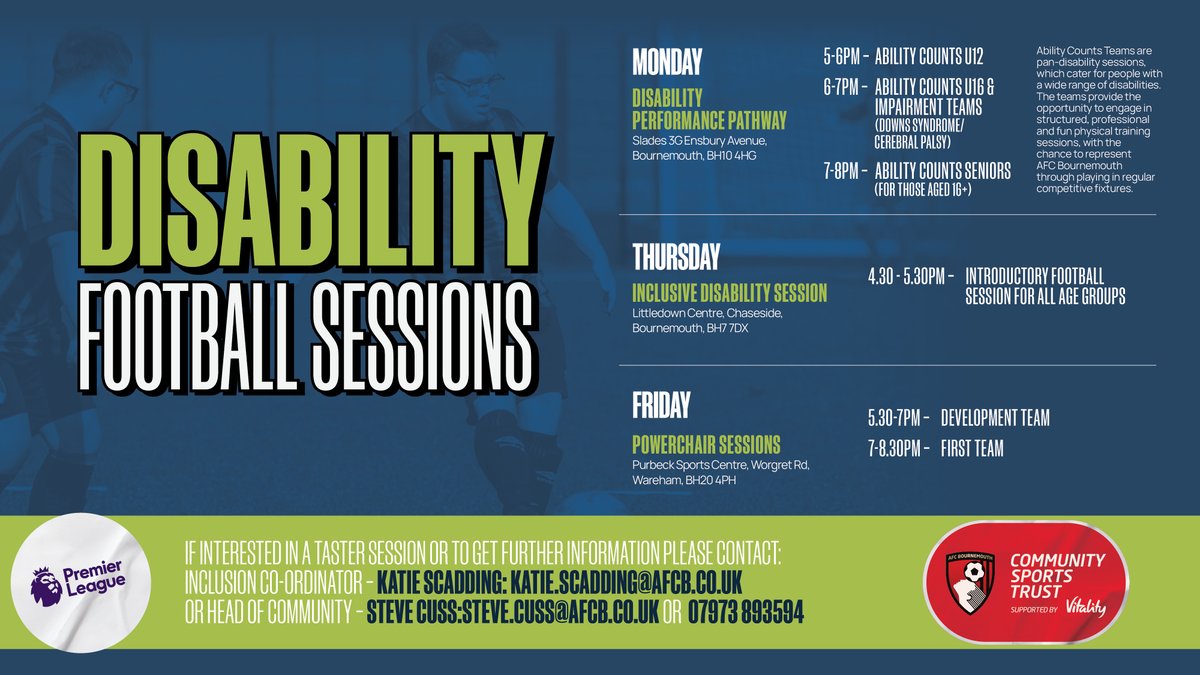 AFCB Community (@afcbcommunity) on Twitter photo Disability Performance Pathway sessions continue this evening on the 3G pitches at Slades Park.
📧 katie.scadding@afcb.co.uk for more information Disability Performance Pathway sessions continue this evening on the 3G pitches at Slades Park.
📧 katie.scadding@afcb.co.uk for more information