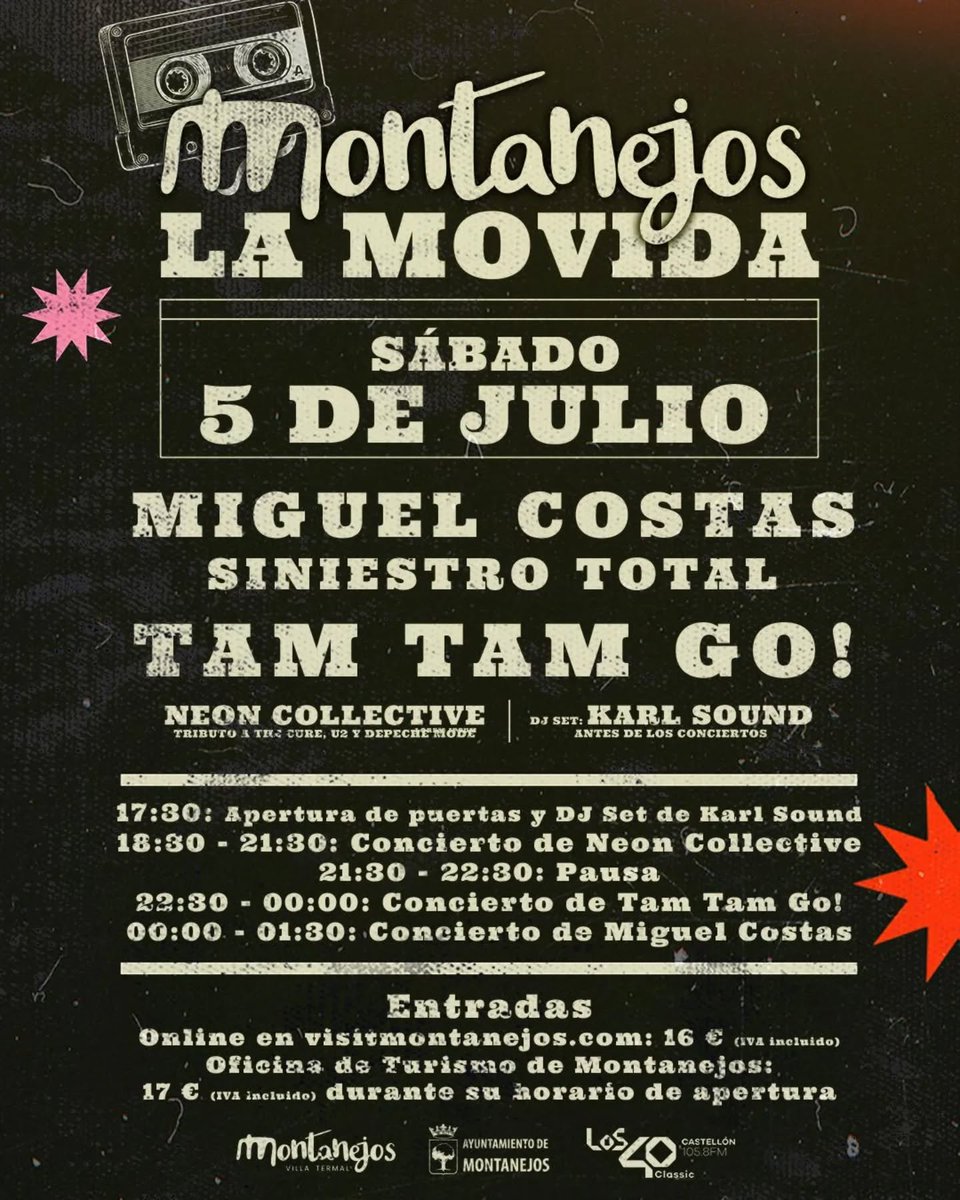 🎊 Este sábado 5 de julio disfruta de los conciertos en directos de 𝗠𝗼𝗻𝘁𝗮𝗻𝗲𝗷𝗼𝘀 𝗟𝗮 𝗠𝗼𝘃𝗶𝗱𝗮 🎸

🥳 ¿Todavía no tienes tu entrada? 

🗣 Adquiere tu pase y vive intensamente el programa musical: visitmontanejos.com/la-movida/?fbc…

📍 Jardines de Villa Purificación