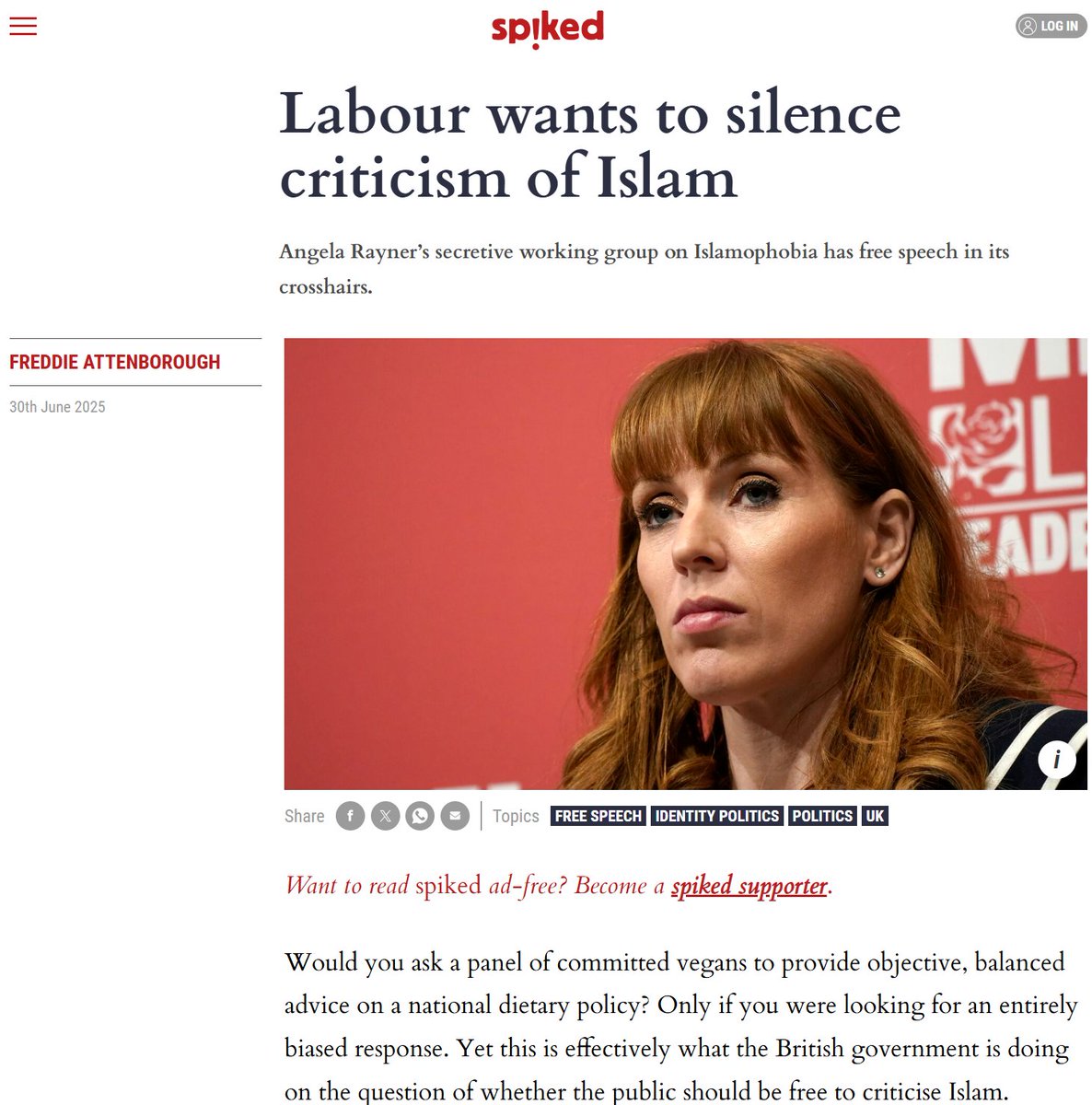 SpeechUnion's tweet image. 🚨 Labour’s secretive working group on Islamophobia has free speech in its crosshairs.

That’s why the FSU has written to Angela Rayner, raising serious concerns about the group’s closed-door operation and the fact that all advice to ministers is marked “not to be made public”.