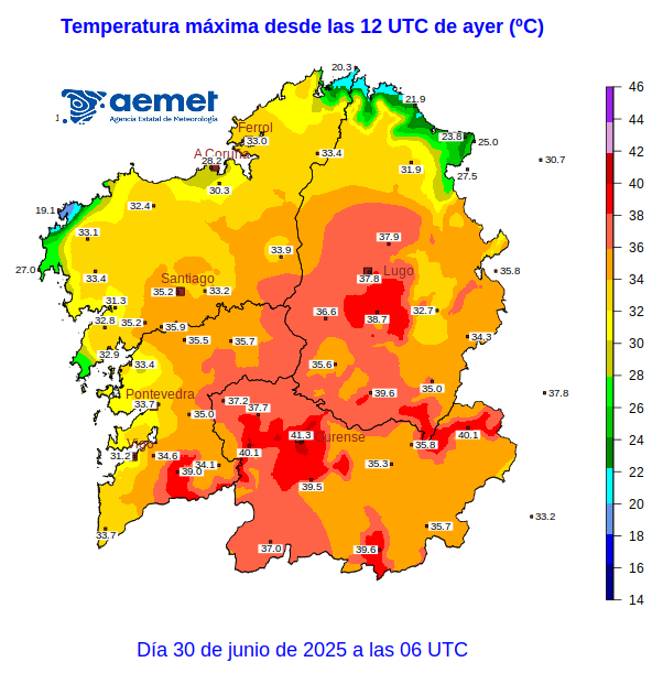RedmeteoP's tweet photo. 📈 #Ourense bateu onte o récord da súa temperatura máxima máis alta para un mes de xuño, con 41,3°C, superando os 40,9° do 2011.

O aeródromo de Rozas, en #Lugo, tamén. Cos 37,9°C acadados onte, supera os 36,4° do 2011.

Que fácil é bater récords de calor nos últimos anos. https://t.co/aLvEW9nYKF