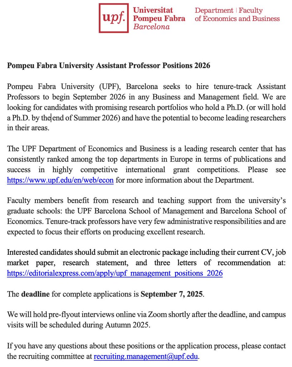 mircea_epure's tweet image. 📣 We're hiring at Pompeu Fabra University (UPF) — Barcelona!
🎓 We’re seeking tenure-track Assistant Professors to join us in September 2026 in any area of Business and Management
📅 Apply by September 7, 2025: upf.edu/en/web/econ/te…
#AcademicJobs #FacultyPosition