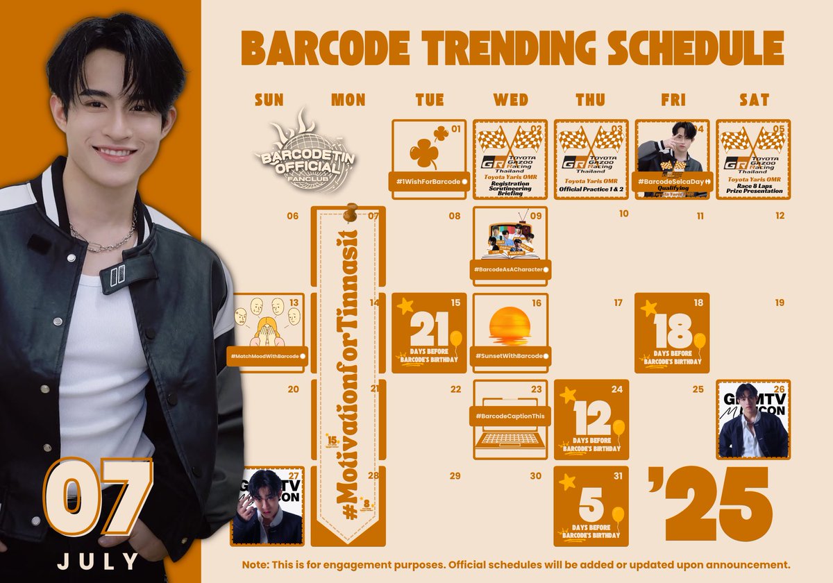 BarcodetinOFC's tweet image. Barcode July Trending Schedule
NOTE: We will be using the following hashtags:
#️⃣1WishForBarcode - every 1st of the month
#️⃣BarcodeSelcaDay - every 4th of the Month
@BarcodeTin @taintisstudio
#barcodetin #Tinnasit
#TaintisStudio #Unit