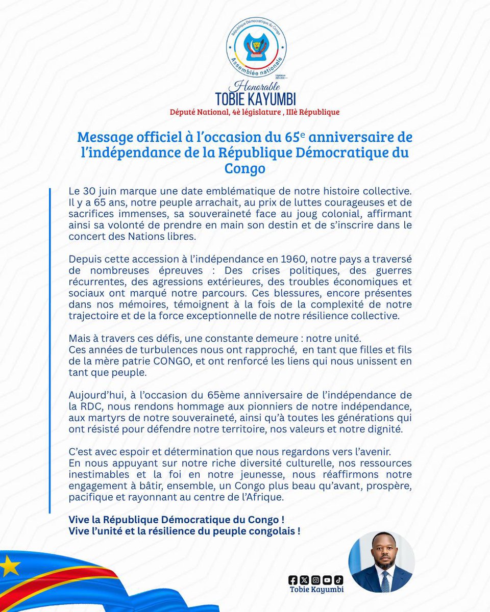 Filston_Kalonji's tweet photo. Mémoire, espoir, lutte et sacrifice sont des éléments poignants qui découlent du message de l’honorable @Tobie_Kayumbi à l’occasion du 65ème anniversaire de la République démocratique du Congo.
@AssembleeNatRDC @Presidence_RDC
#Congo #independancetchatcha #Ensemble https://t.co/xPafg6Engl