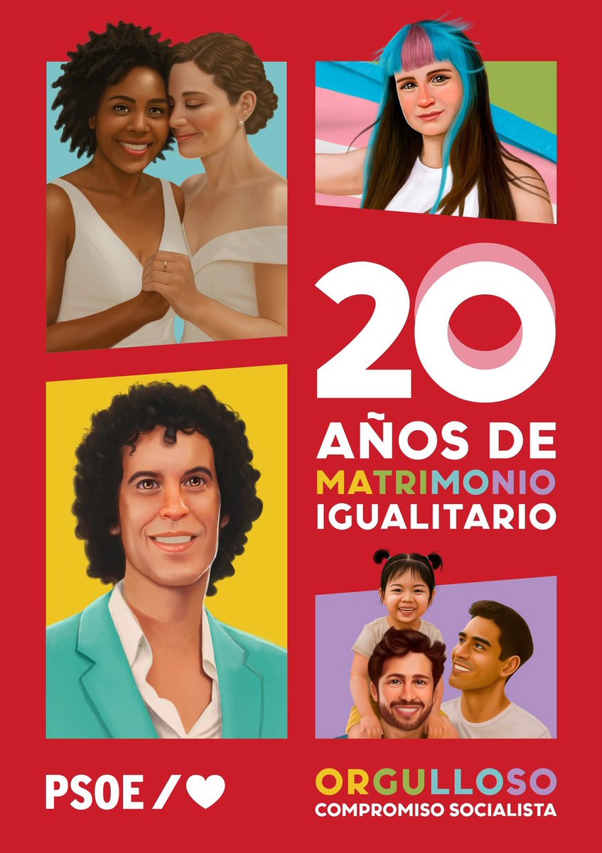 Hoy se cumplen 20 años de la aprobación del matrimonio igualitario.

🌹 Dos décadas de dignidad y derechos conquistados gracias al compromiso del <a href="/PSOE/">PSOE</a>, de Zapatero y de tantos y tantas activistas con la igualdad.

🌈 La revolución del amor es BOE.